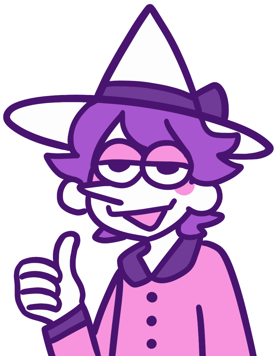 Half-body doodle of a silly, purple-haired wizard in a white, pointy hat holding a thumbs up.